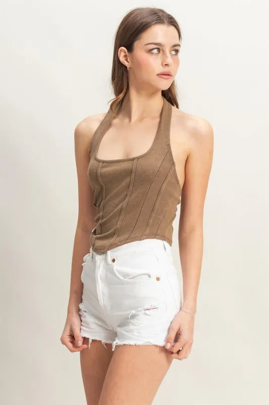 Mineral Wash Halter Neck Everyday Top - Tigbul's Variety Fashion Shop