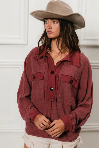 BiBi Cp French Terry Cut Edge Detail Collared Top - Tigbul's Variety Fashion Shop