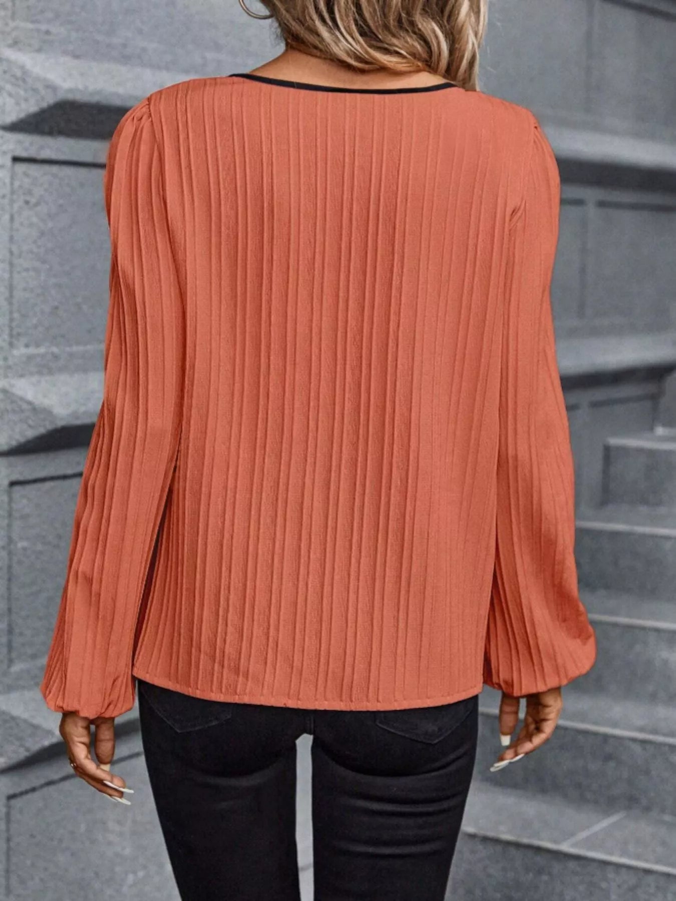 Contrast Notched Long Sleeve Blouse - Tigbul's Variety Fashion Shop