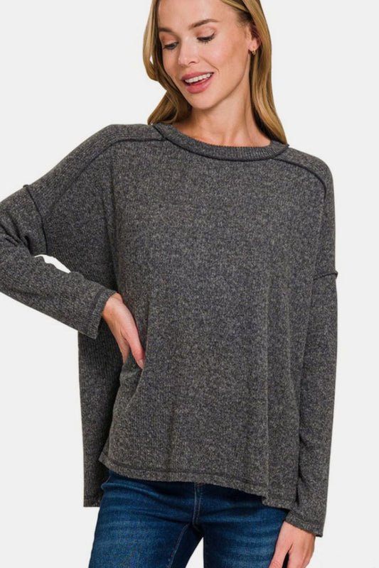 Zenana Full Size Exposed Seam Brushed Round Neck Sweater - Tigbul's Variety Fashion Shop