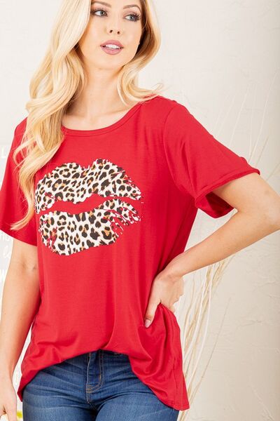Red Leopard Lip Round Neck Short Sleeve T-Shirt Plus Size - Tigbul's Variety Fashion Shop