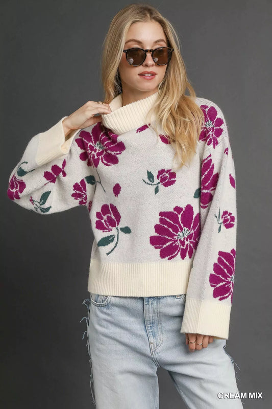 Umgee Floral Patterned Mock Neck Sweater - Tigbul's Variety Fashion Shop