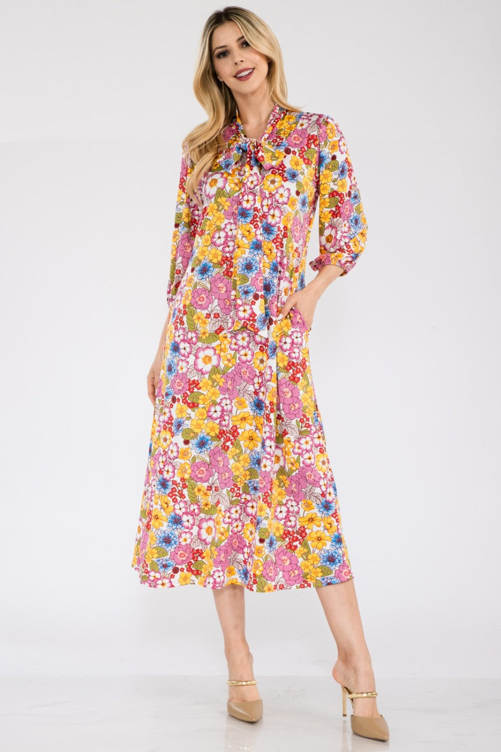 Size Small to 3XL Floral Midi Dress with Bow Tie - Tigbul's Variety Fashion Shop