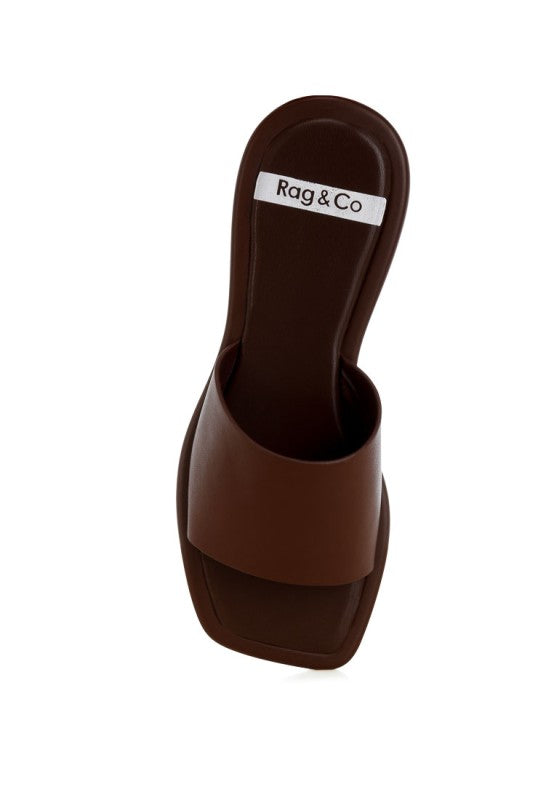 Brown square-toe flat slide sandals with Rag & Co logo on footbed