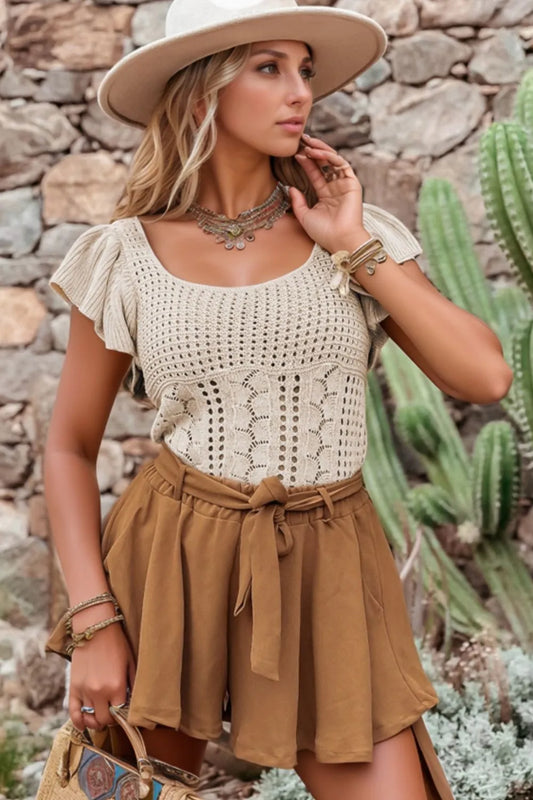 Openwork Ruffled Scoop Neck Knit Khaki Shirt Top - Tigbul's Variety Fashion Shop