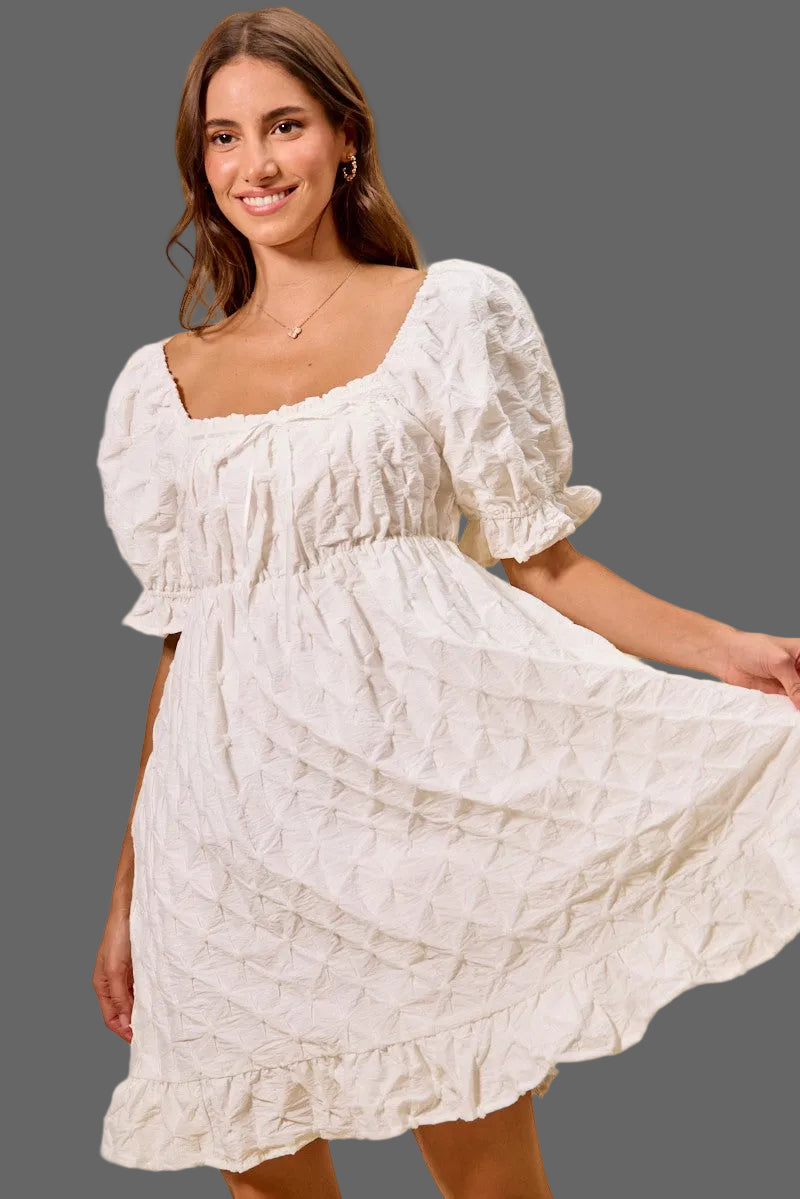 Off-white mini dress, textured woven fabric, ruched bodice and puff sleeves