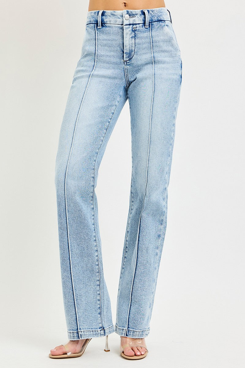 Light wash high-rise straight jeans with vertical seams and stitched fly, full front