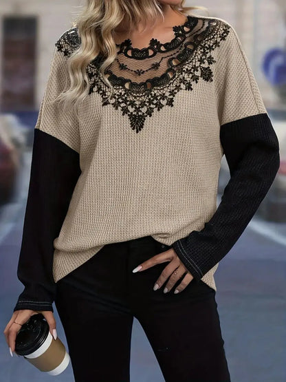 Contrast Lace Round Neck Long Sleeve T-Shirt - Tigbul's Variety Fashion Shop