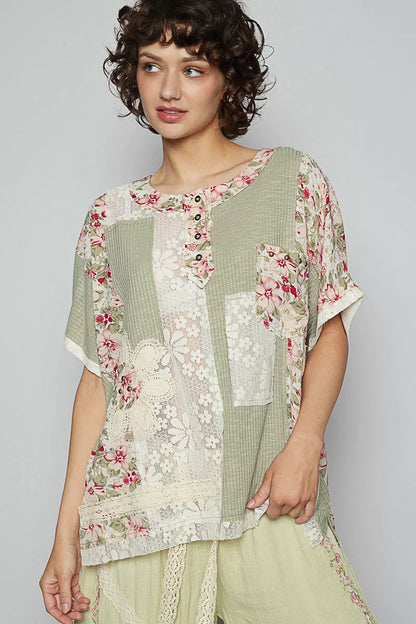 POL Lace Round Neck Short Sleeve Floral Pattern Top with Patch Detail - Tigbul's Variety Fashion Shop