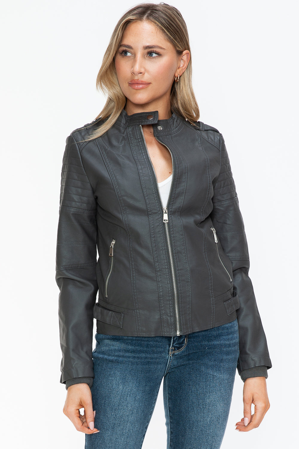 Charcoal PU Leather Biker Jacket with Side Zip Pockets