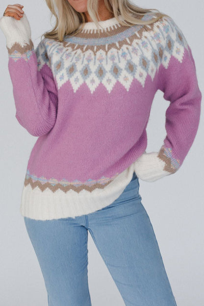 Geometric Round Neck Long Sleeve Sweater - Tigbul's Variety Fashion Shop