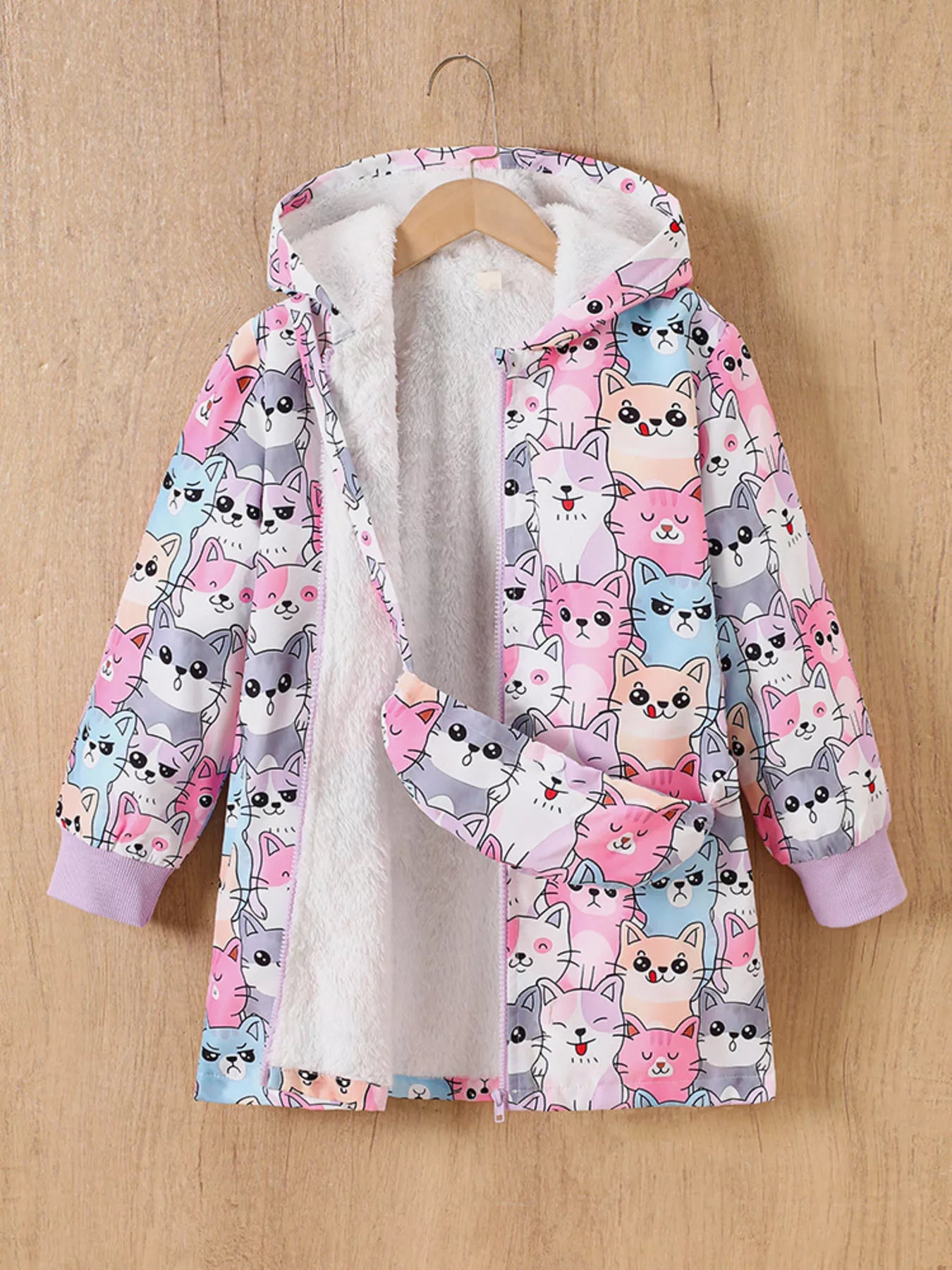 Children's Cartoon Cat Print Fleece Lined Hooded Jacket with Bag - Tigbuls