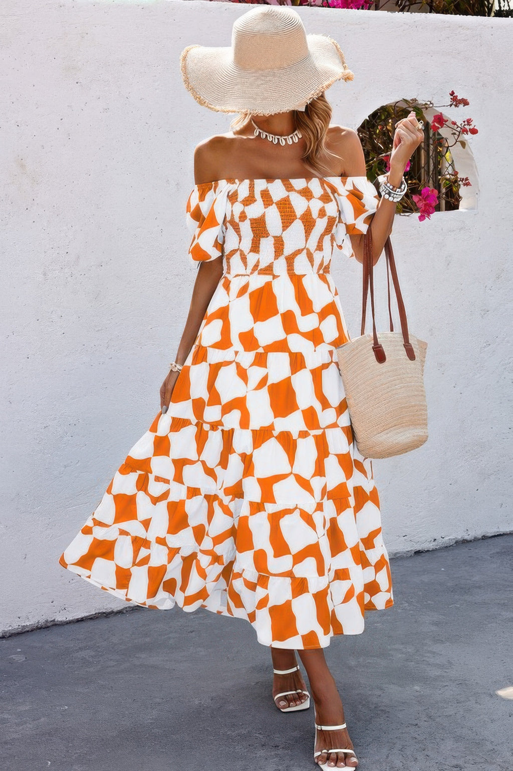 Orange-weißes Allover-Print Off-Shoulder Kleid mit Rüschenrock und Faltenbund