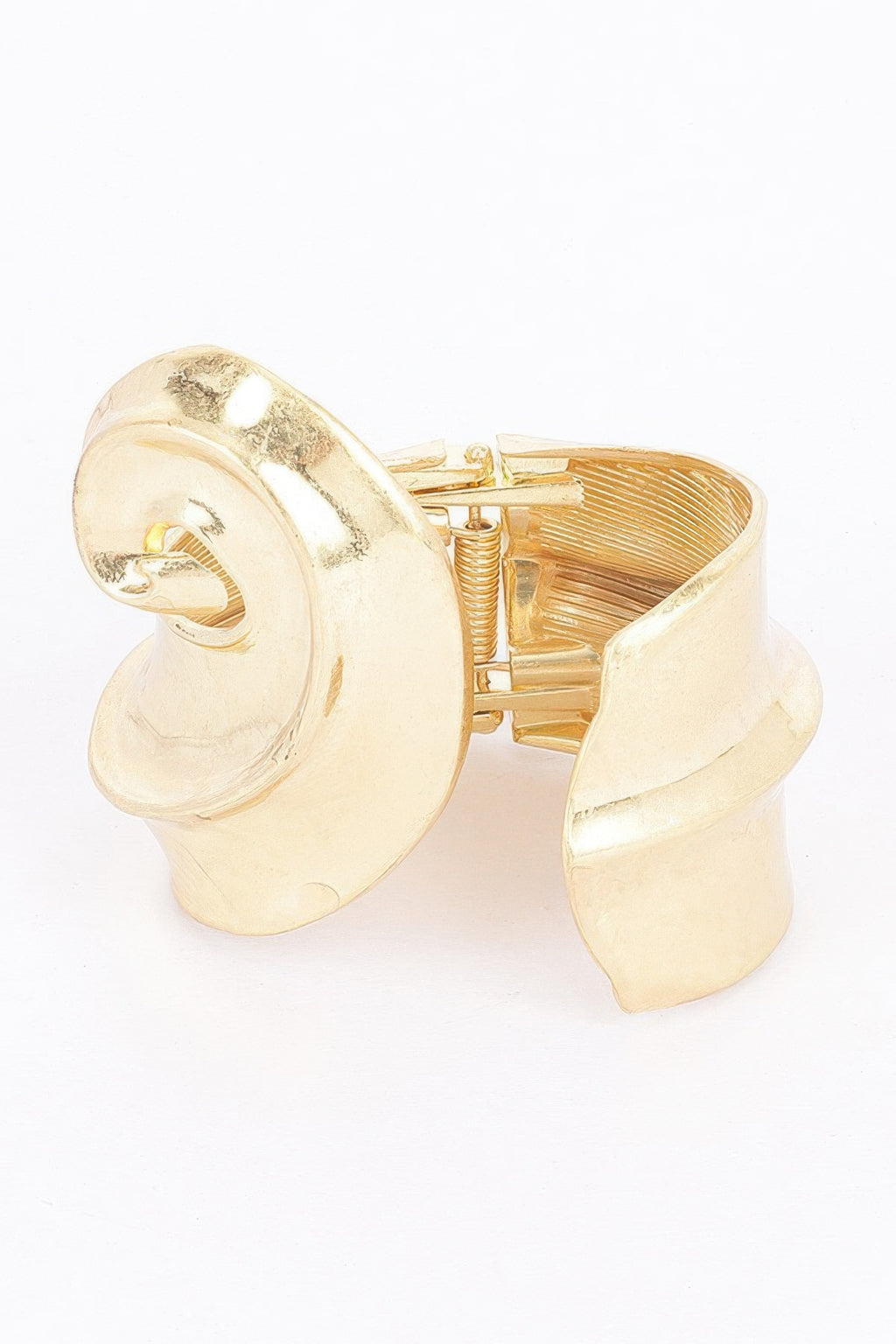 Gold spring hinge bracelet, open cuff with ridged hinge detail