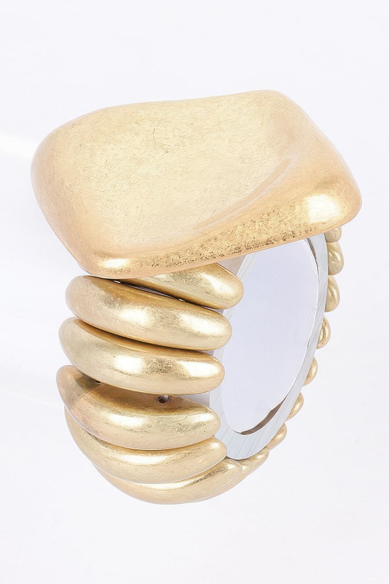 Gold alloy stretch bracelet with chunky heart centerpiece and stacked ridged links
