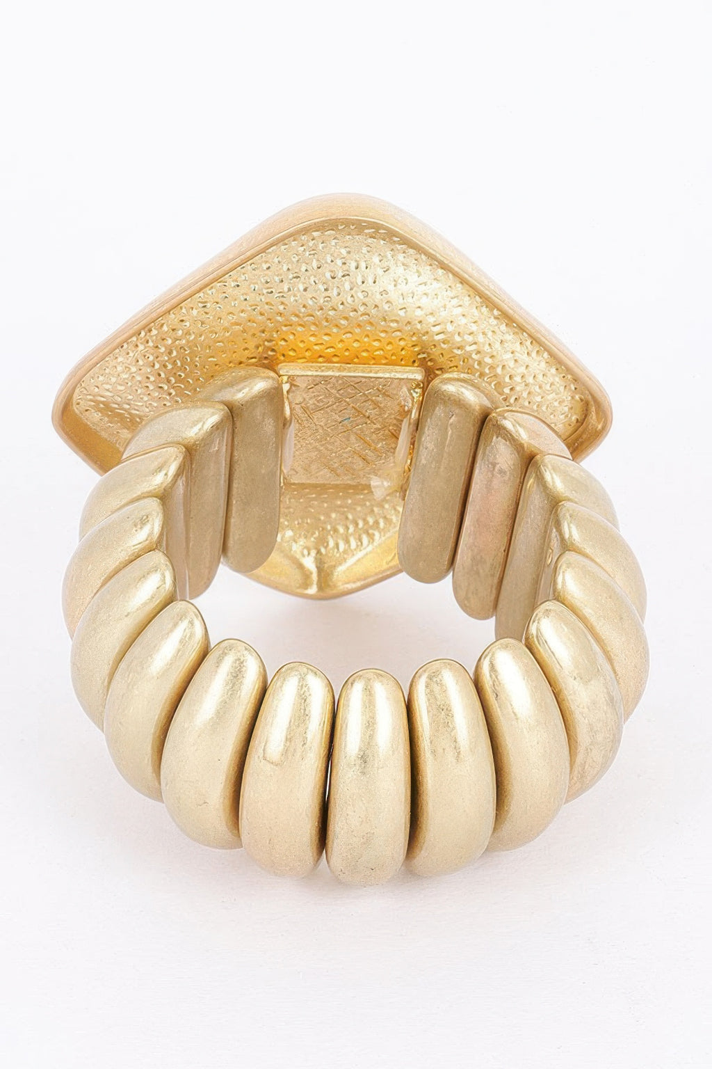 Gold alloy stretch bracelet with textured heart backing and smooth bead rows