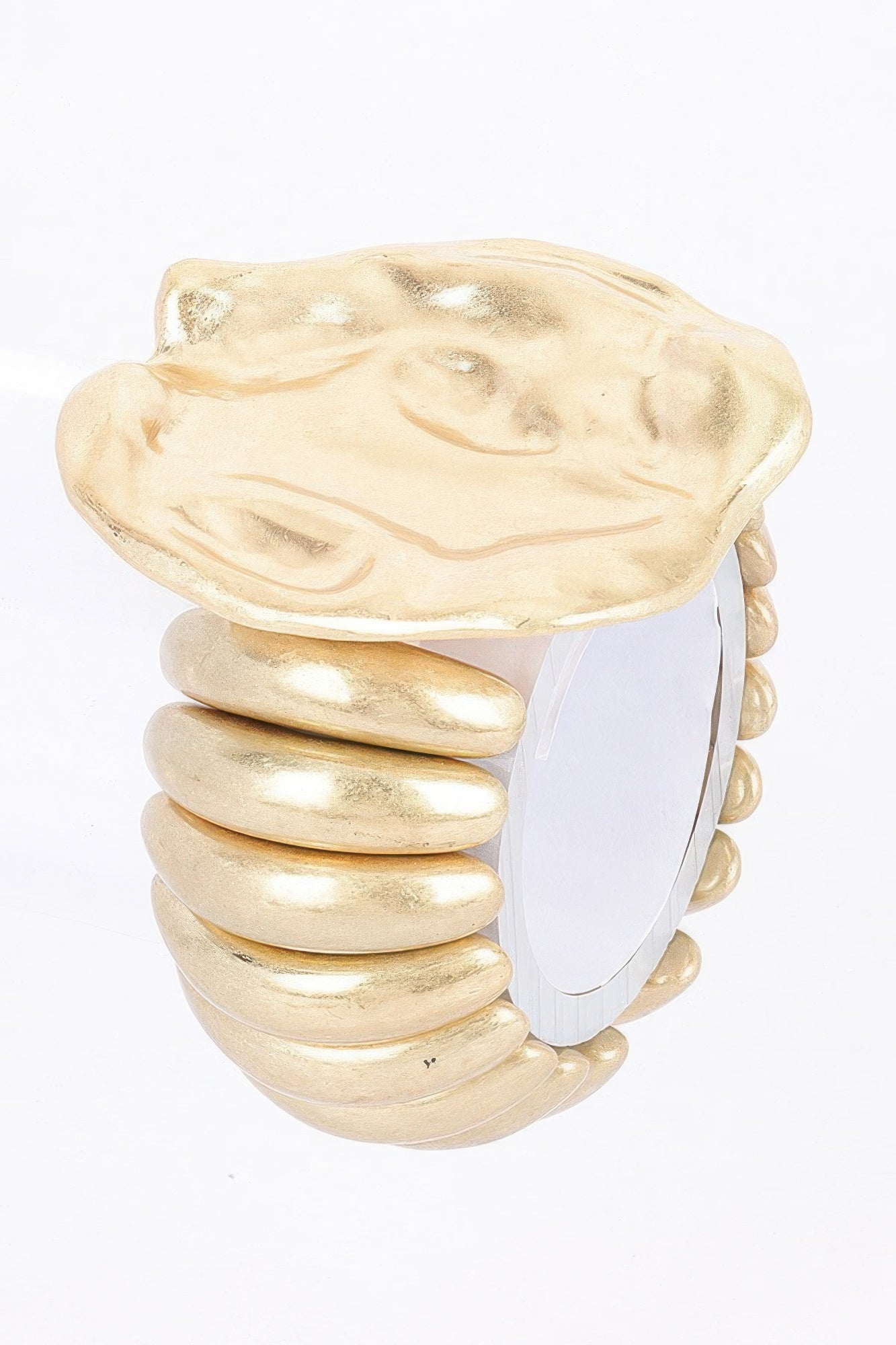 Gold cuff-style stretch bracelet with stacked ridged oval segments