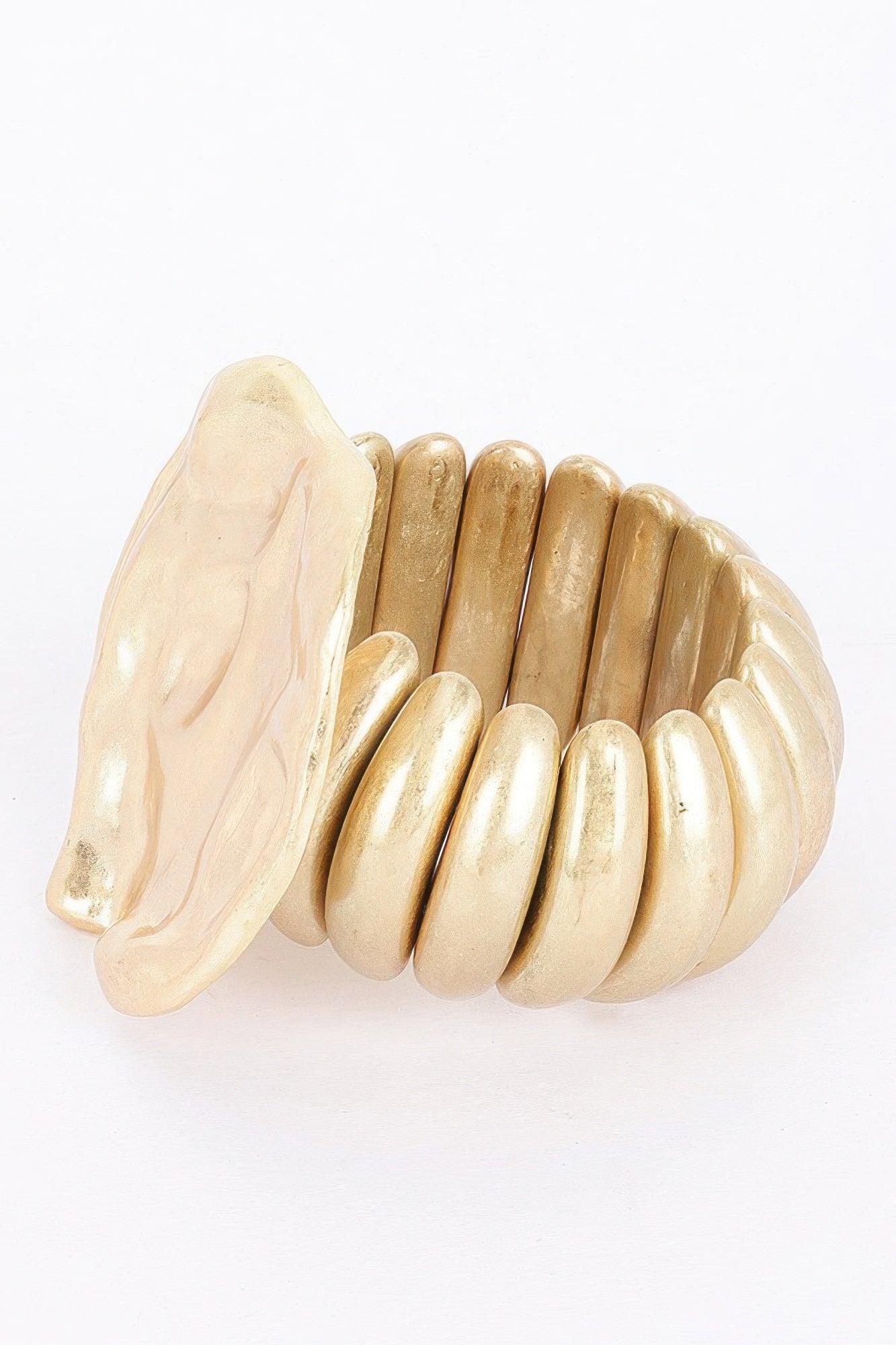 Gold stretch bracelet, hinged cuff look with smooth rounded side plates