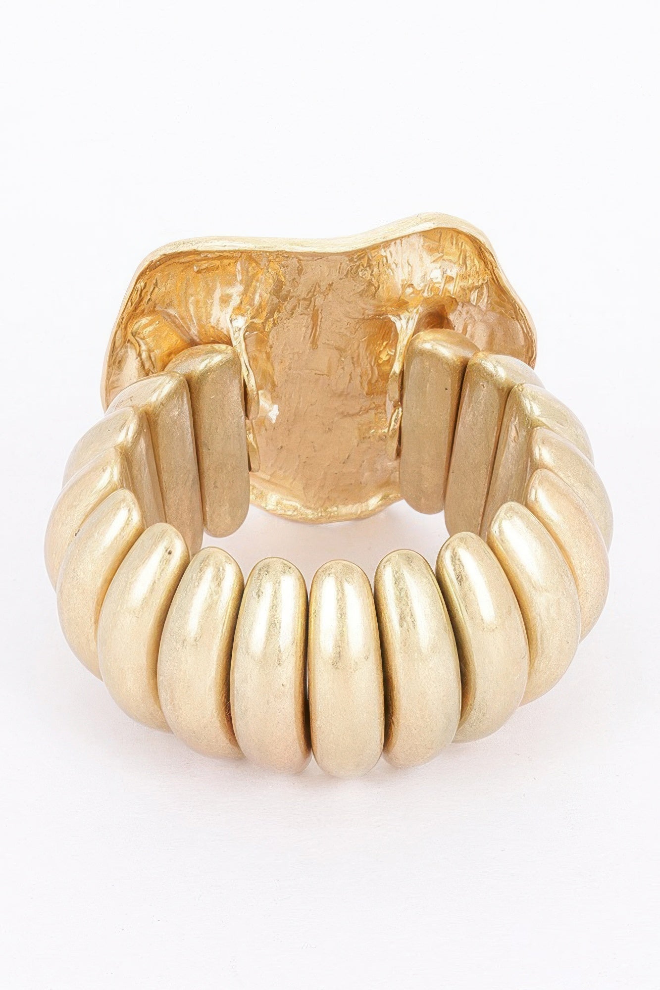 Gold alloy stretch bracelet with domed top panel and ribbed band