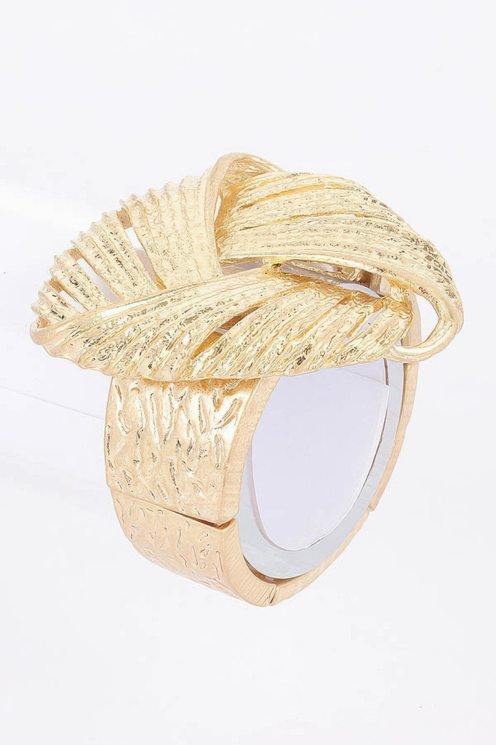 Gold stretch bracelet with sculpted ridges and open cuff silhouette