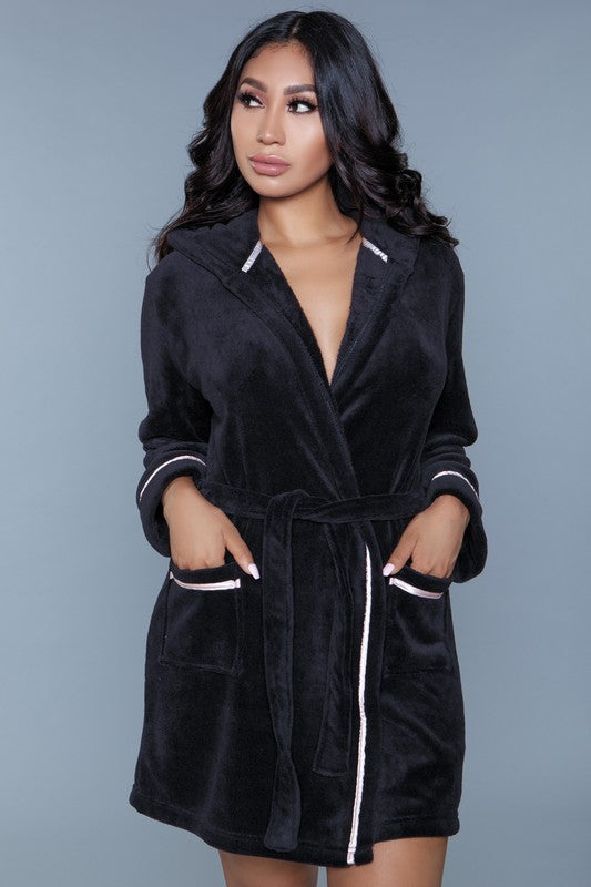 BE WICKED black plush hooded robe with belt and contrast trim