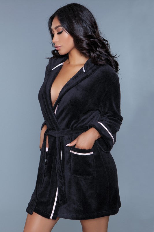 Black plush hooded robe with tie belt and contrast-striped cuffs