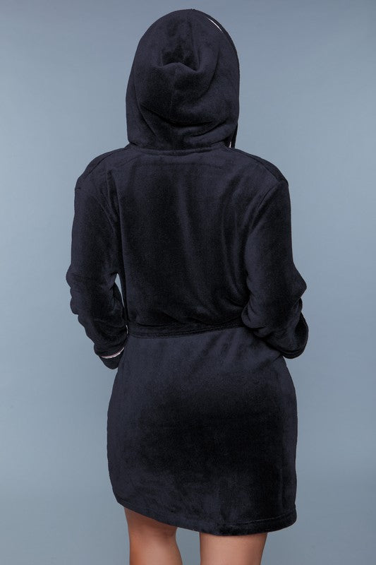 Black hooded robe back view, belt at waist, plush with contrast trim