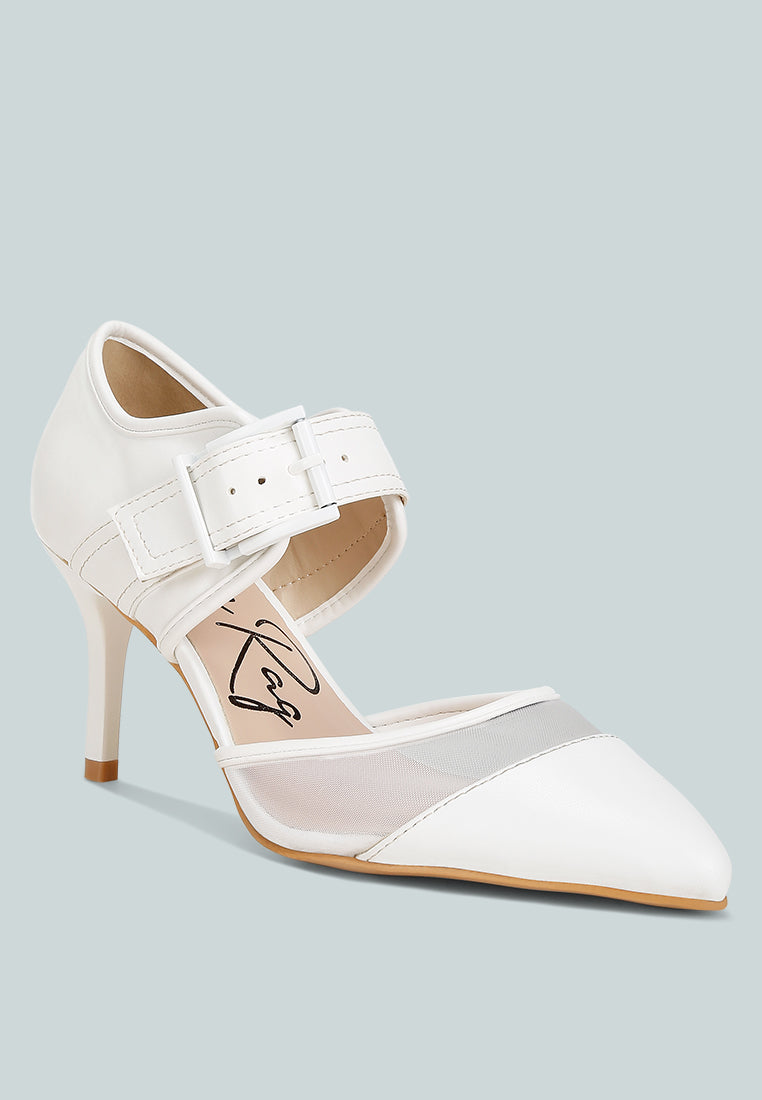 White buckle detail pump sandal with ankle strap and pointed toe stiletto heel