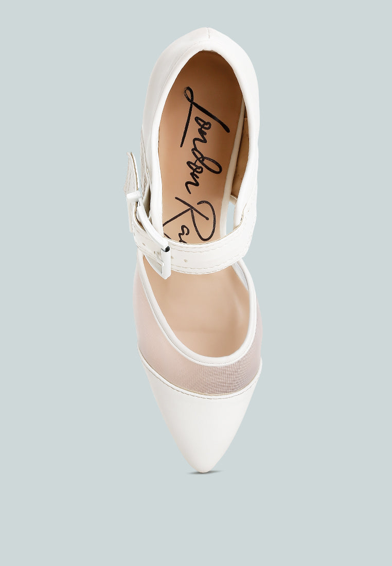 White slingback pump sandal with ankle strap and pointed toe, stiletto heel