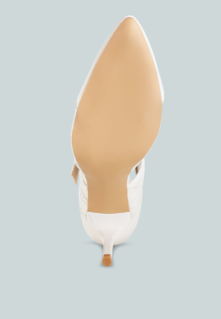White pointed-toe pump sandal with ankle strap and high stiletto heel, side view