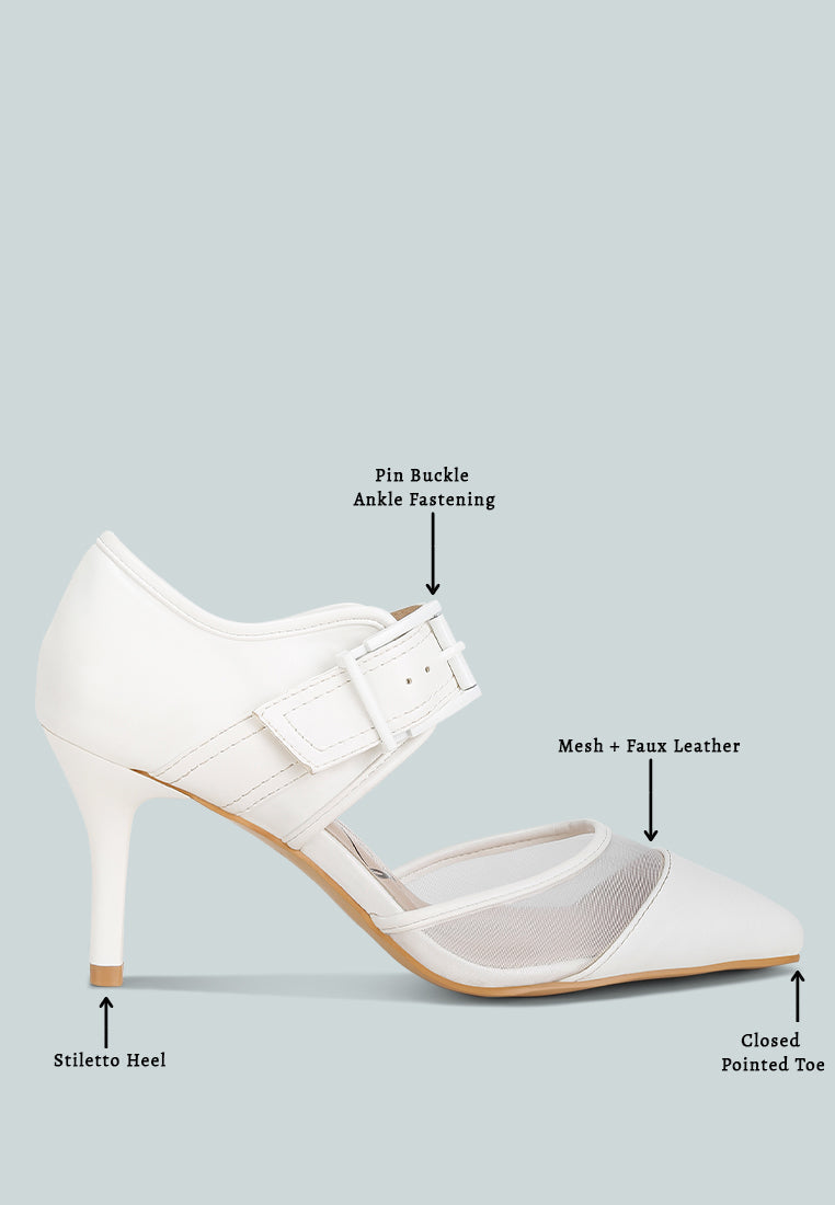 White pump sandal with pin buckle ankle fastening, closed pointed toe, stiletto heel