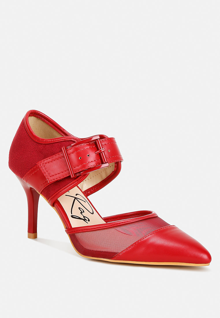Aneri buckle detail pump sandals, burgundy, mesh panels and ankle buckle closure