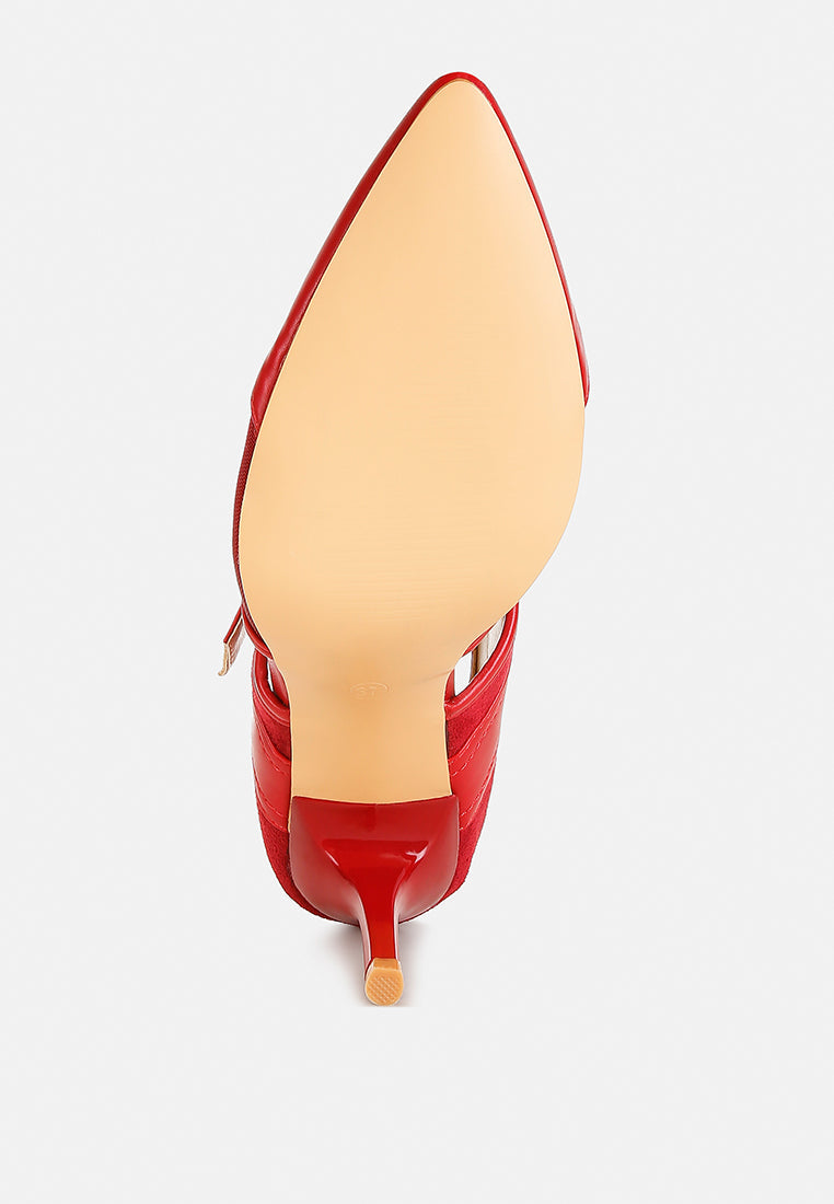 Aneri buckle detail pump sandals, burgundy, pointed toe and open heel back