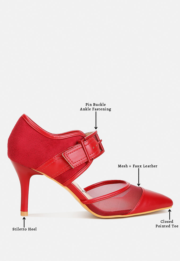 Aneri buckle detail pump sandals, burgundy: stiletto heel, pointed toe, ankle pin buckle