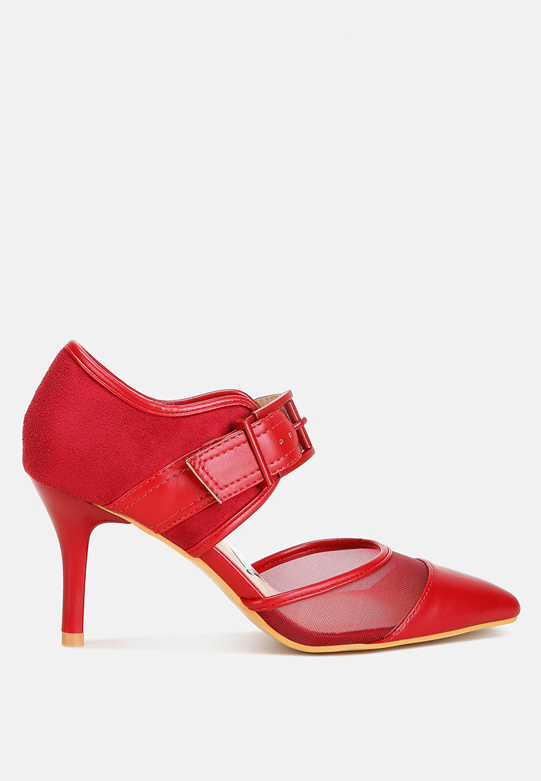 Burgundy pump sandal with ankle strap buckle, closed pointed toe, stiletto heel