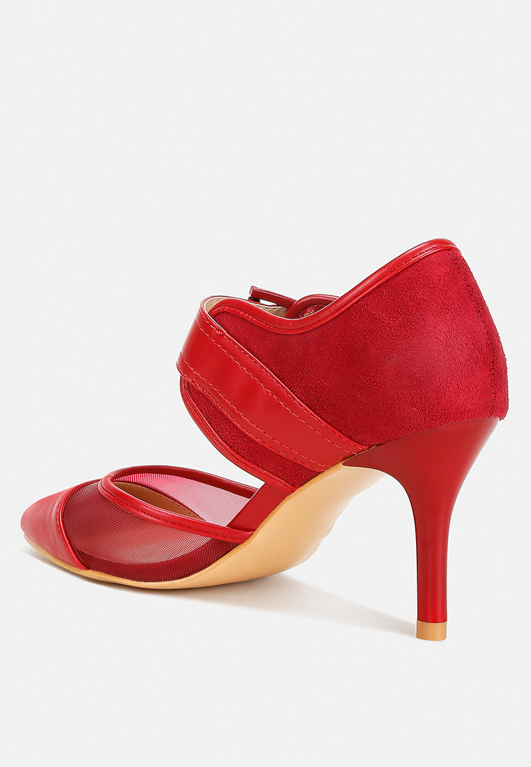 Aneri buckle detail pump sandals, burgundy, pointed toe and stiletto heel