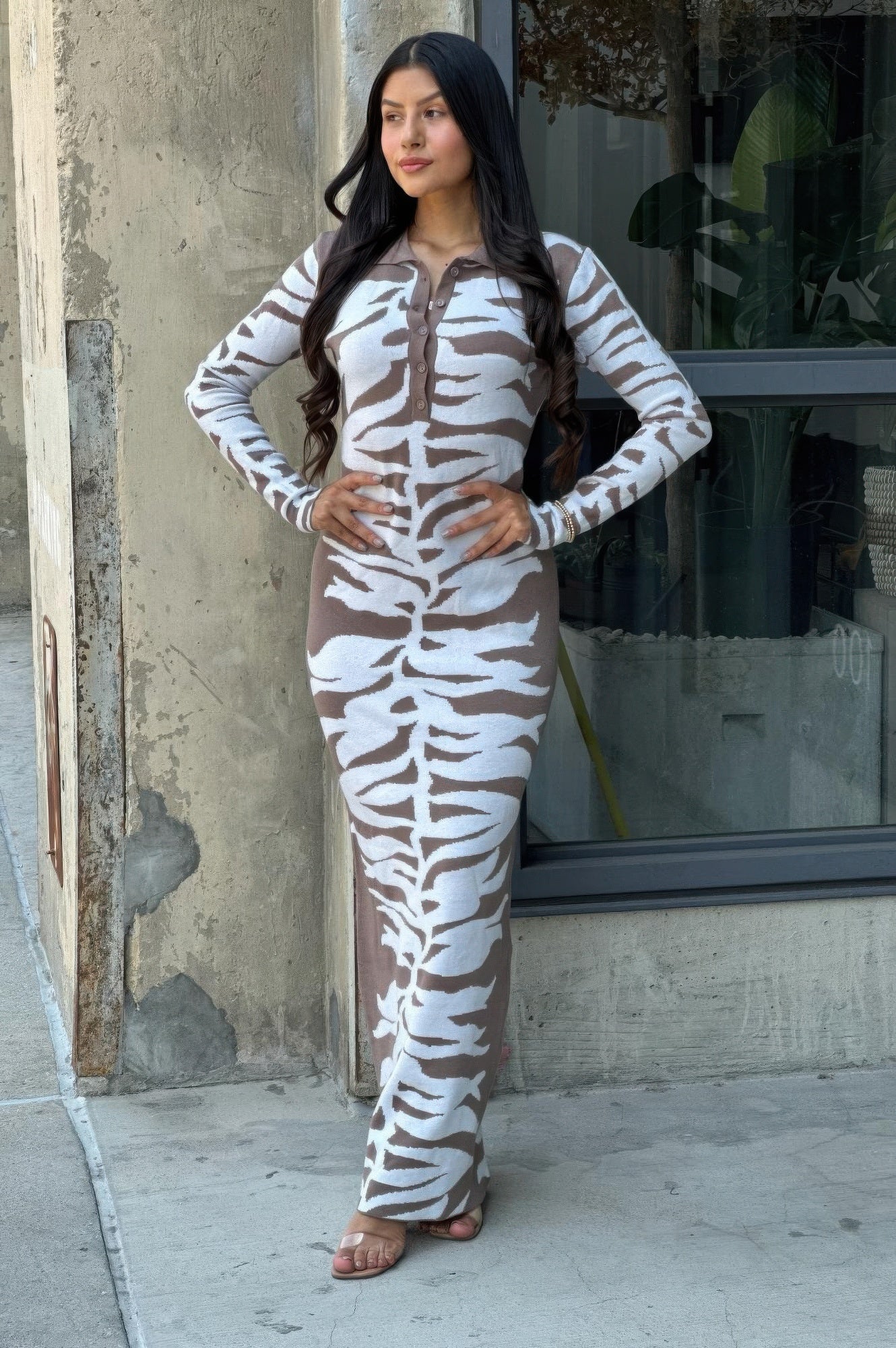 Animal print bodycon sweater dress with long sleeves and button-front placket, zebra pattern