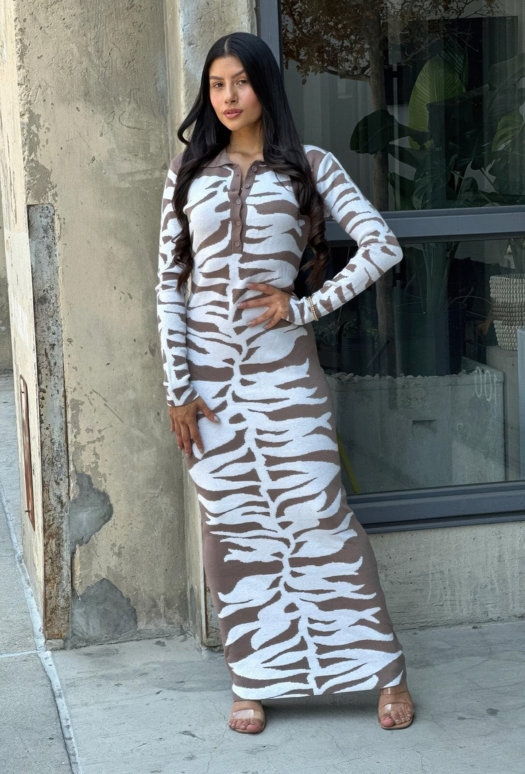 Bodycon animal-print sweater dress, long sleeves, open-button front, ankle-length zebra design