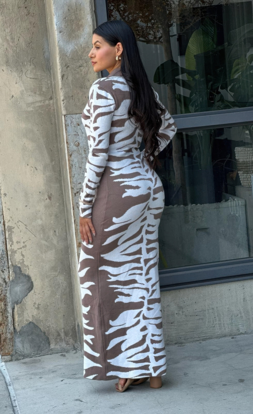 Animal print bodycon maxi dress, long sleeves, back/side zebra motif, button-front detail