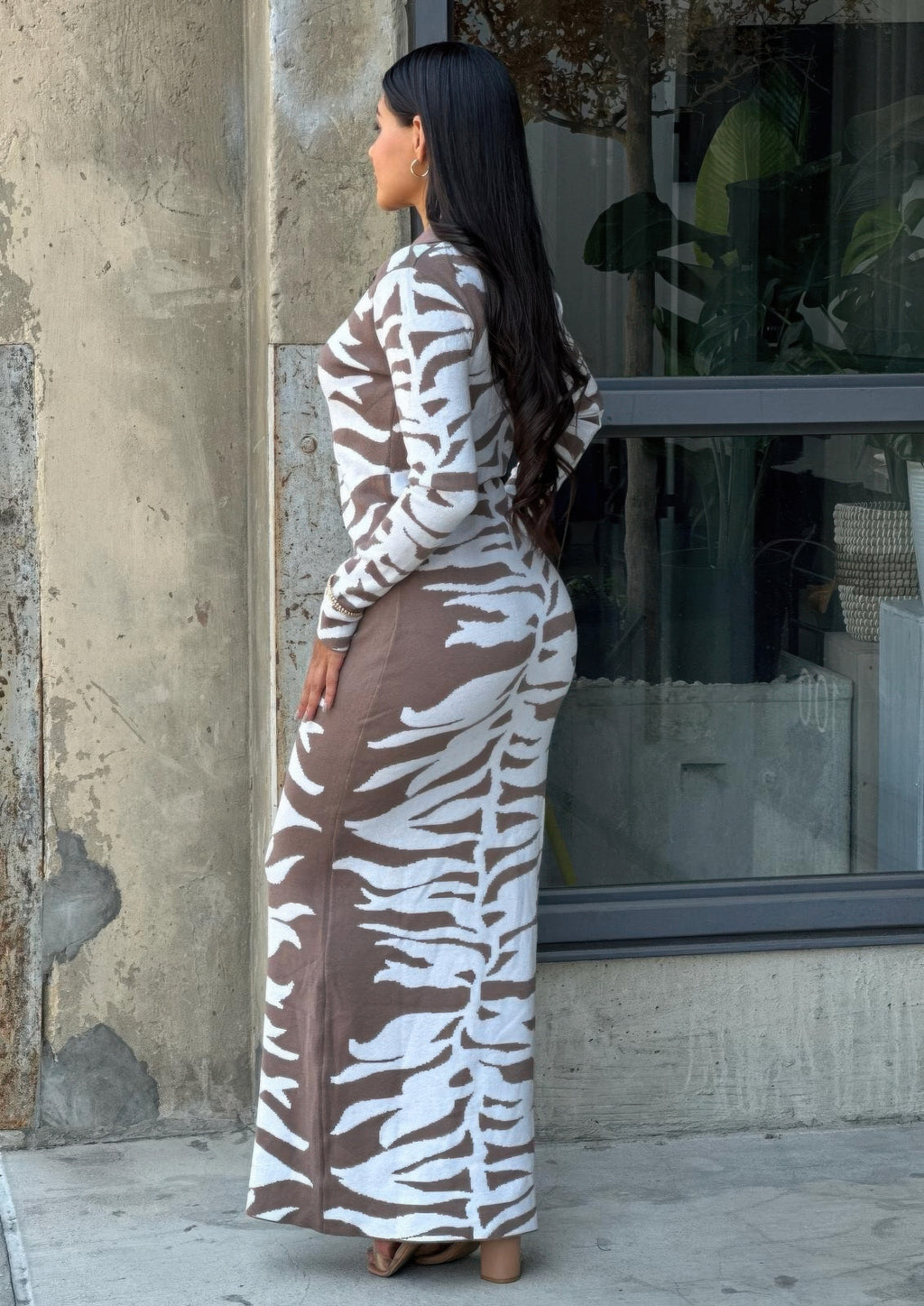 Animal print sweater dress bodycon maxi, long sleeves, back view with zebra pattern