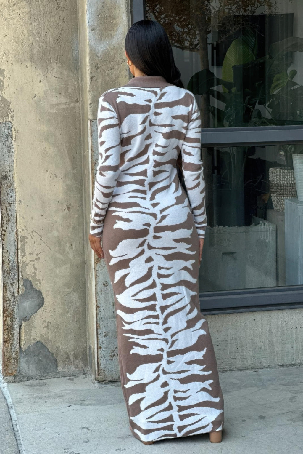 Animal print sweater dress, zebra pattern back view, bodycon maxi length
