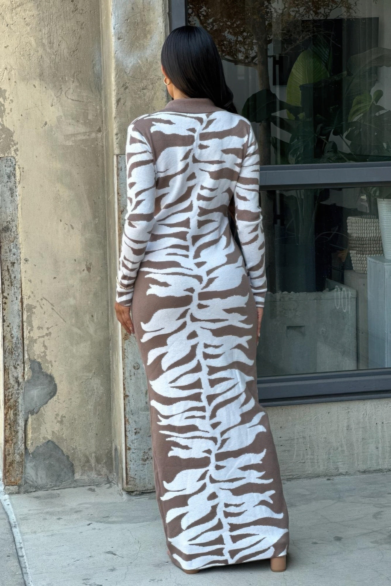 Animal print sweater dress, zebra pattern back view, bodycon maxi length