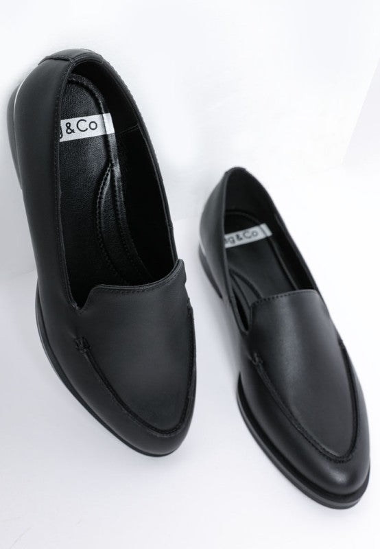 Anna Suede Leather Loafers in Schwarz, Vorderansicht und Innenfutter-Ansicht