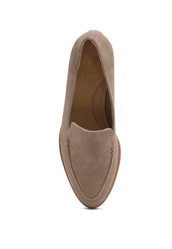 Anna suede leather loafers, taupe suede upper with moc toe and stitched details
