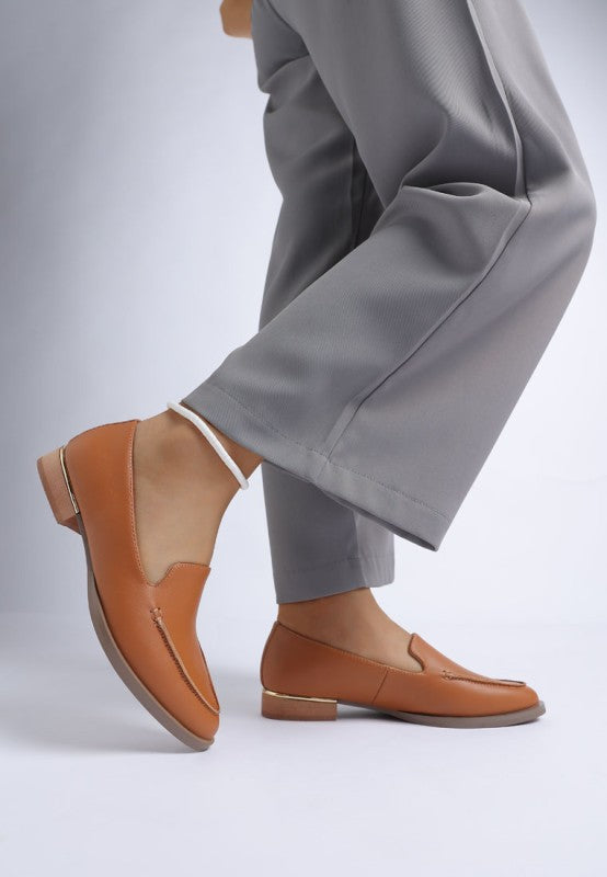 Anna suede leather loafers worn with pants, tan suede slip-on loafer style