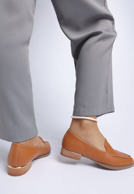 Anna suede leather loafers worn with pants, tan slip-on loafers in profile