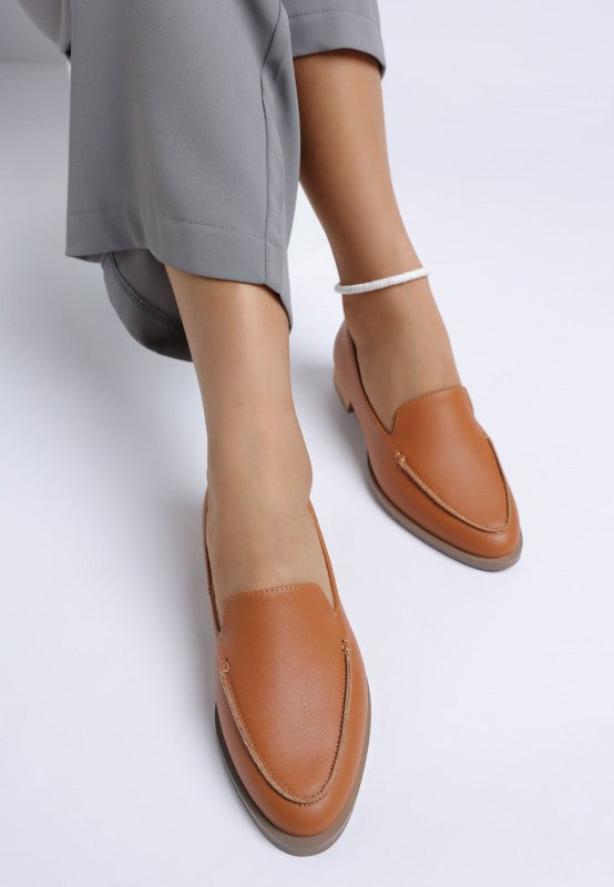 Anna suede leather loafers worn, tan suede moc-toe slip-ons with stitched trim