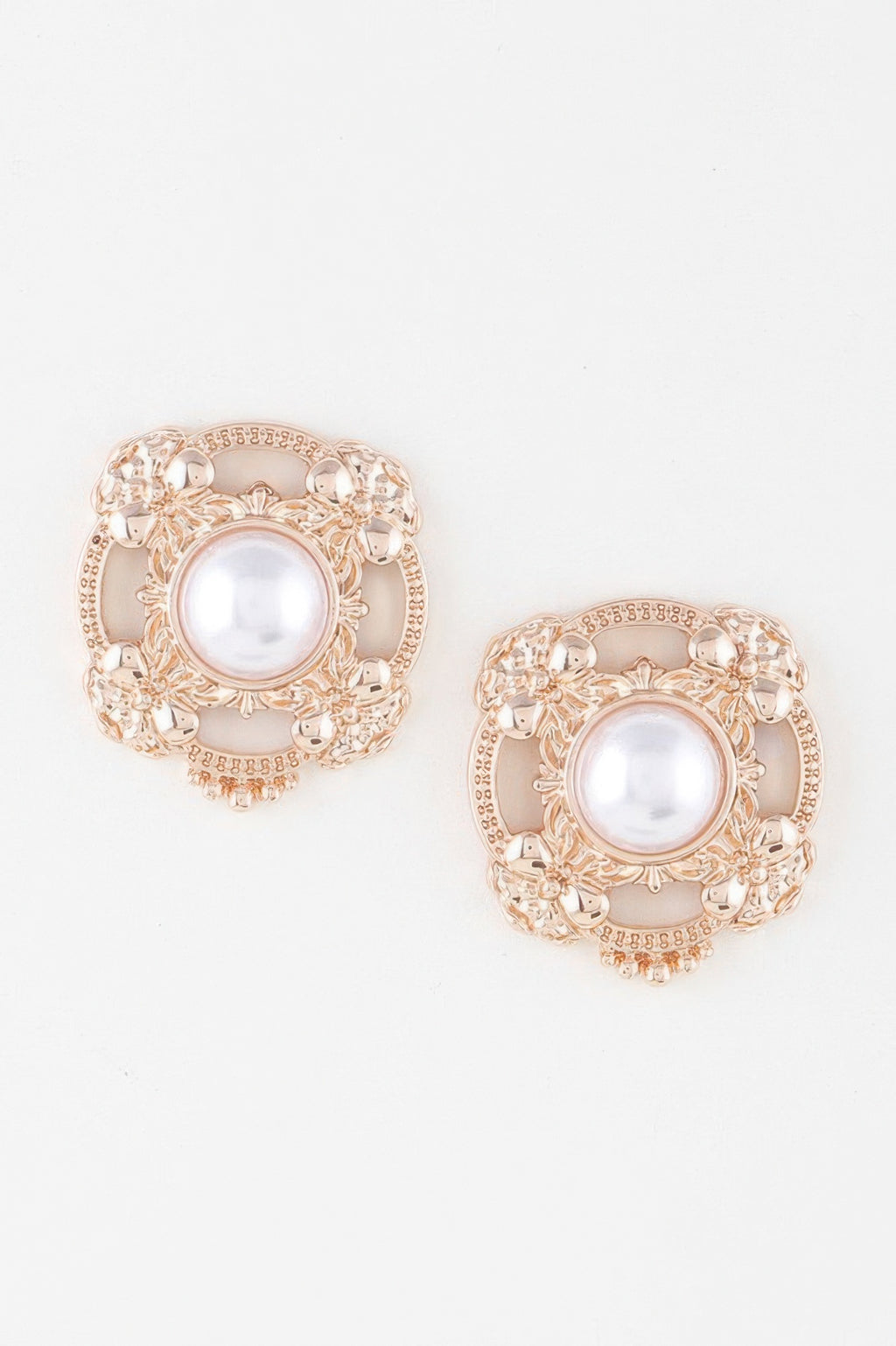 Antique ribbon pearl stud earrings in gold cream, pair with round white pearl centers