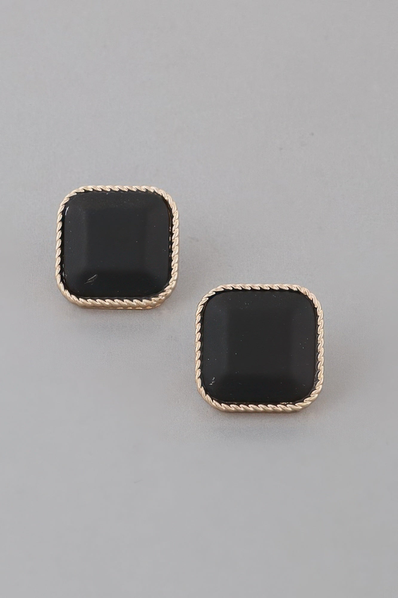Antique Twisted Cubic Earrings—gold frame with black square stones pair