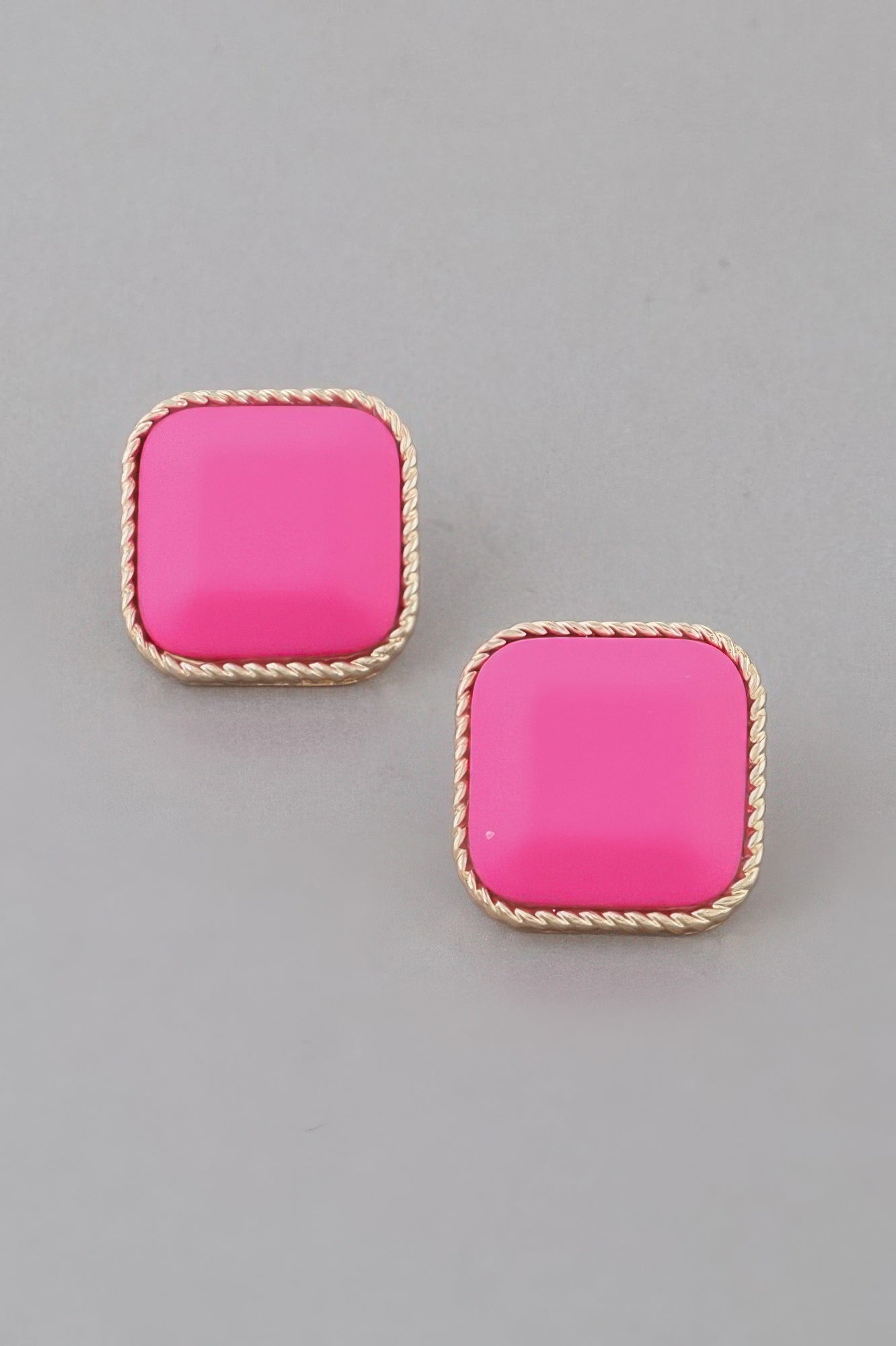 Antique Twisted Cubic Earrings—gold frame with fuchsia square stones pair